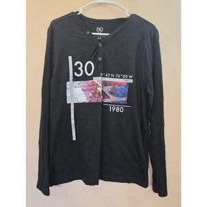 Express Mens Henley Shirt Black Long Sleeve Graphic Print Slub Cotton Size M